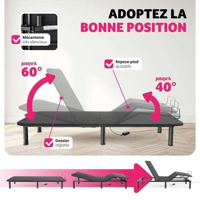 Estructura de cama - TECTAKE - EASY FLEX Base de cama eléctrica de confort con respaldo y piecero ajustables, capacidad de peso máximo de 340 kg - 90 x 200 x 42,5 cm