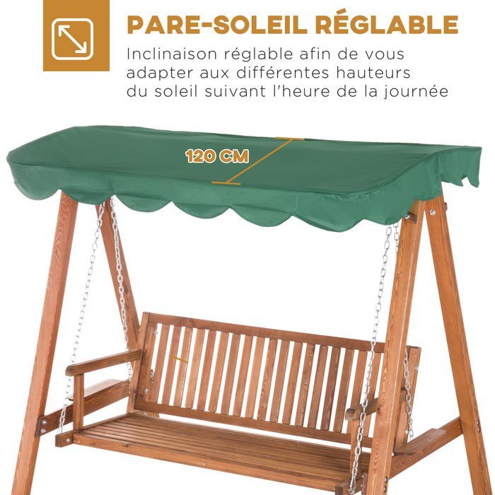 Balancelle de jardin - Outsunny - 3 places toit imperméabilisé 2 tablettes support charge 360 kg - bois pin - 1,9x1,3x1,85m - vert