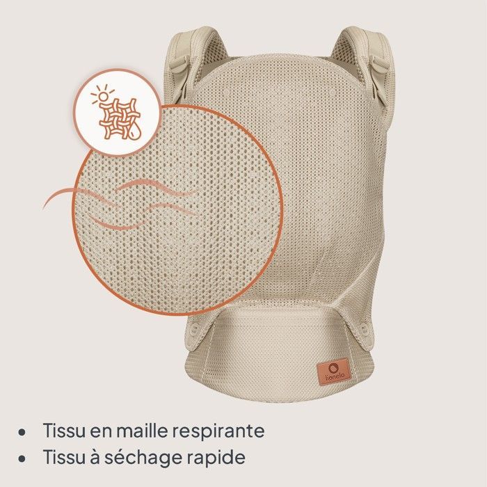 Portabebés LIONELO Margaret Air - Circulación de aire - 3 posiciones de transporte - Capucha adicional - Beige