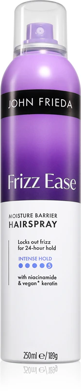 spray fixador John Frieda Frizz Ease Moisture Barrier é um spray de fixação forte e resistente à umidade do ar.