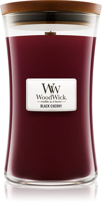 Woodwick geurkaars met zwarte kersengeur en houten lont (Heartwick)