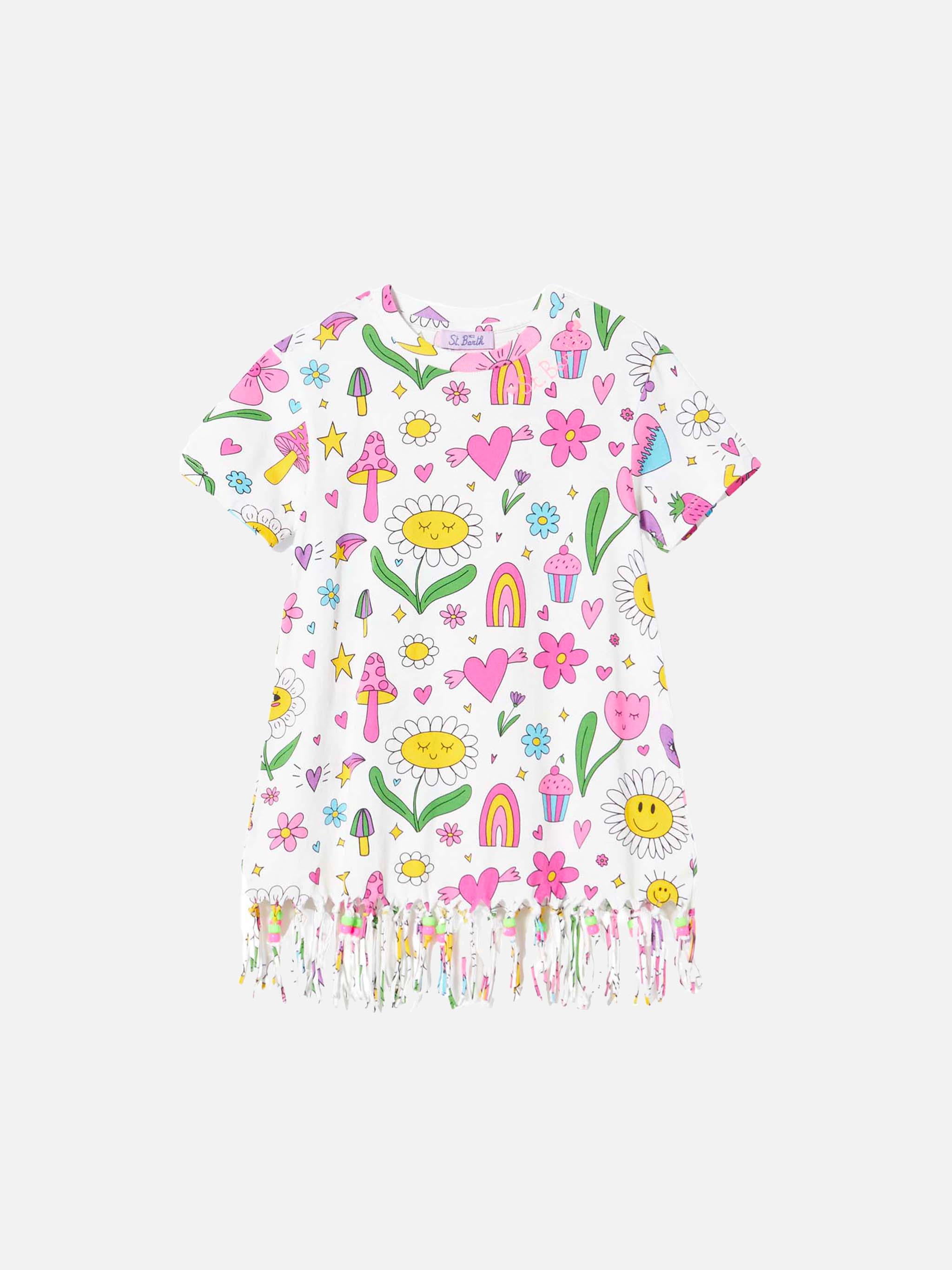 Witte katoenen jurk voor meisjes met print en versieringen.