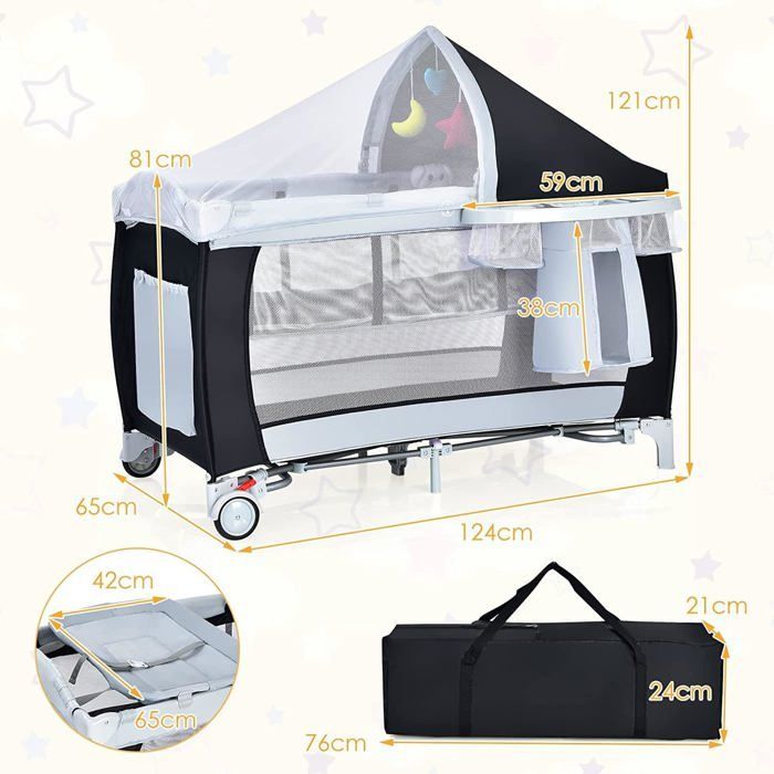 Lit Bébé 4 en 1 COSTWAY Berceau,Table à Langer,Parc de Jeux-Fonction Basculement--Boîte à Musique avec Lumières-Pliage Facile-Noir