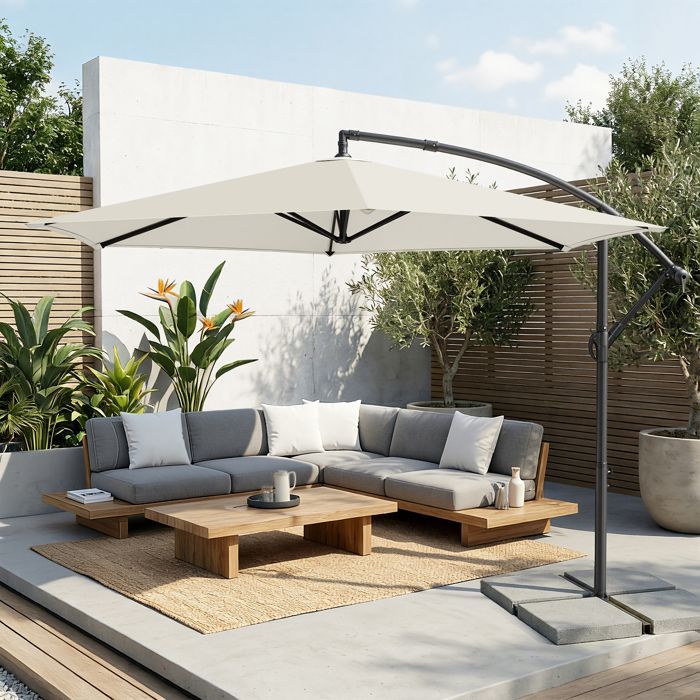 Parasol met een diameter van 350 cm, inclusief voet, draaihendel voor openen en sluiten, beige.