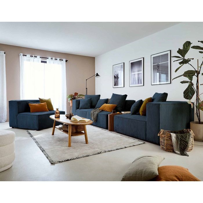 Colombine - Sofá modular de canto esquerdo - 6 lugares - em veludo cotelê - Azul meia-noite