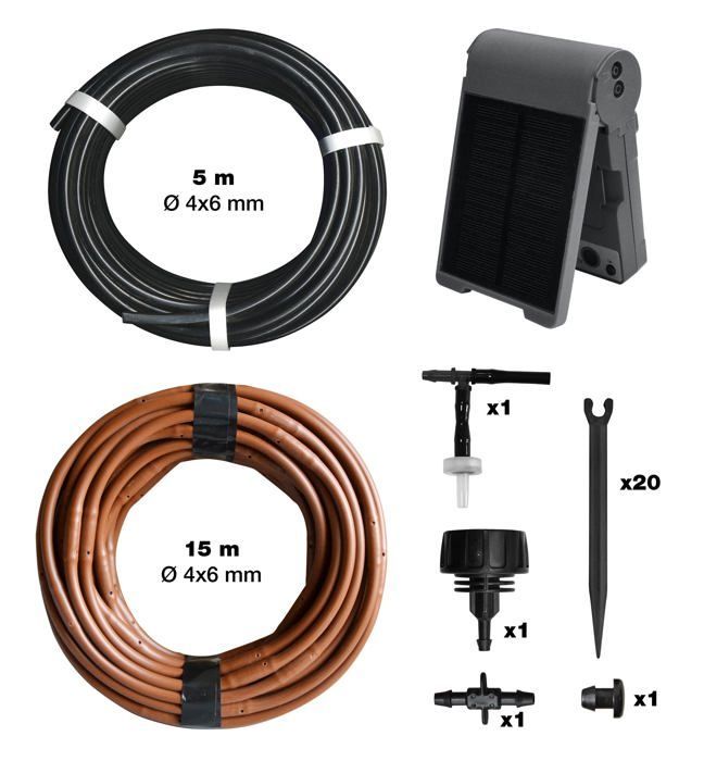 Kit de irrigação por gotejamento solar - Programável - Bomba solar - Sucção vertical de 2 m - Microtubo de 5 m Ø 6 mm