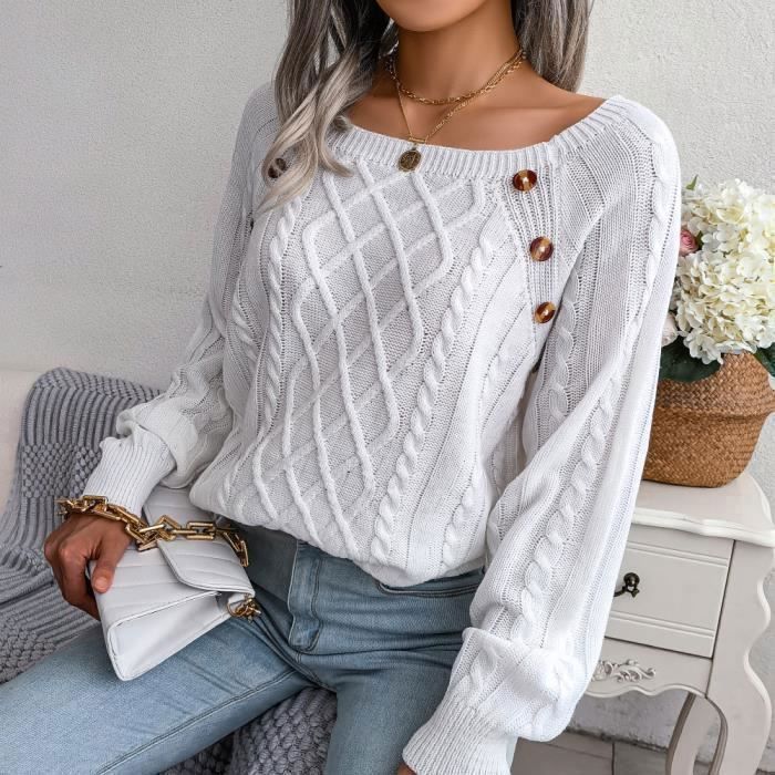 Pull tricoté femme blanc - Automne hiver décontracté - Col carré cloué - Boutonnage