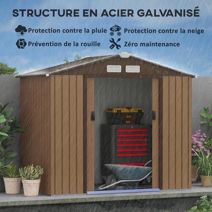 Caseta de jardín Outsunny con kit de cimentación, puerta con cerradura, 213 x 130 x 185 cm, chapa de acero, color caqui.