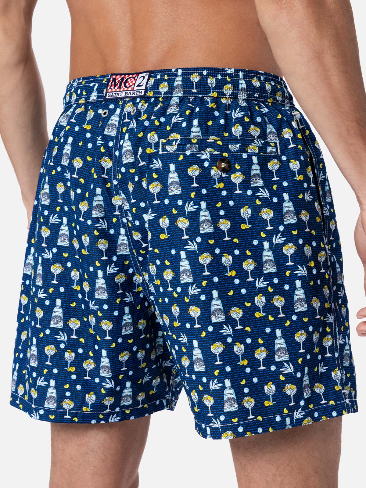 Man Lighting Mid-Length Swim Shorts – Quick-Drying, Gin Mare All-Over Print, Recycled Polyester & Adjustable Drawcord | MC2 Saint Barth