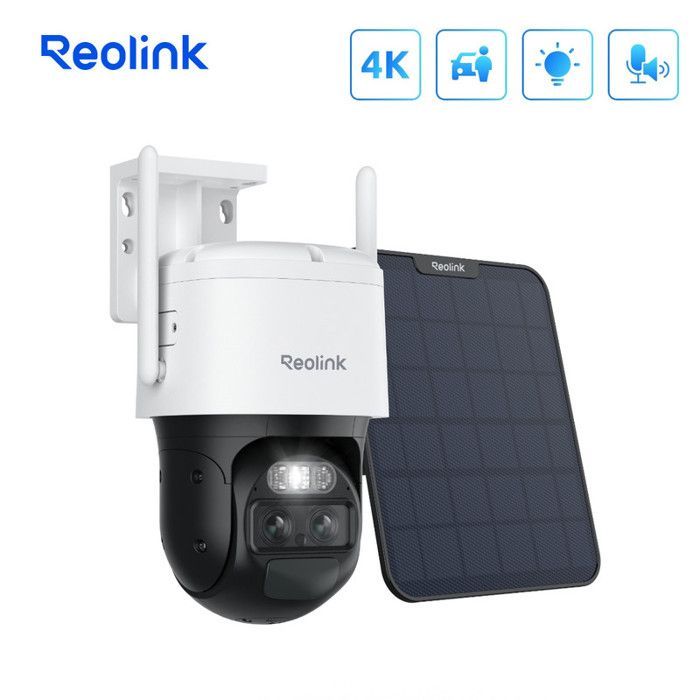 REOLINK 4MP WiFi Dual View and Dual Tracking Surveillance Camera with Battery, Auto Tracking, 6X Zoom, and Spotlight, Trackmix+Solar