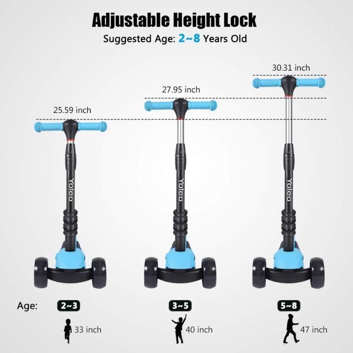 Trottinette Scooter Enfants Yoleo 3-en-1 avec Siège Amovible Roues à LED Hauteur Réglable 65cm à 77cm
