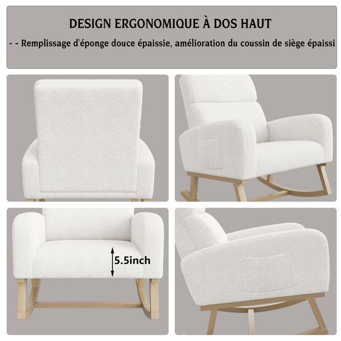 Sedia a dondolo, sedia a dondolo per allattamento, gambe in legno massello, velluto effetto orsacchiotto, stile scandinavo, bianca