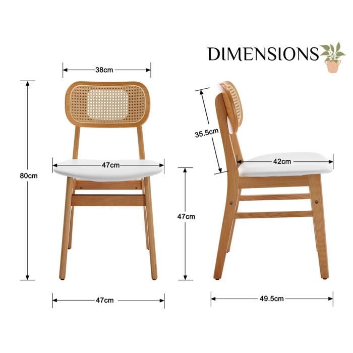 Conjunto de 2 cadeiras de jantar Wahson em estilo retrô, madeira e rattan, para cozinha ou sala de estar, em couro PU, brancas.