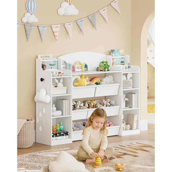 Bibliothèque pour Enfants,étagère en Bois,étagère à Jouets avec 8 boîtes en Non-tissé pour Chambre d'enfant,Blanc,30 x 140 x 104 cm