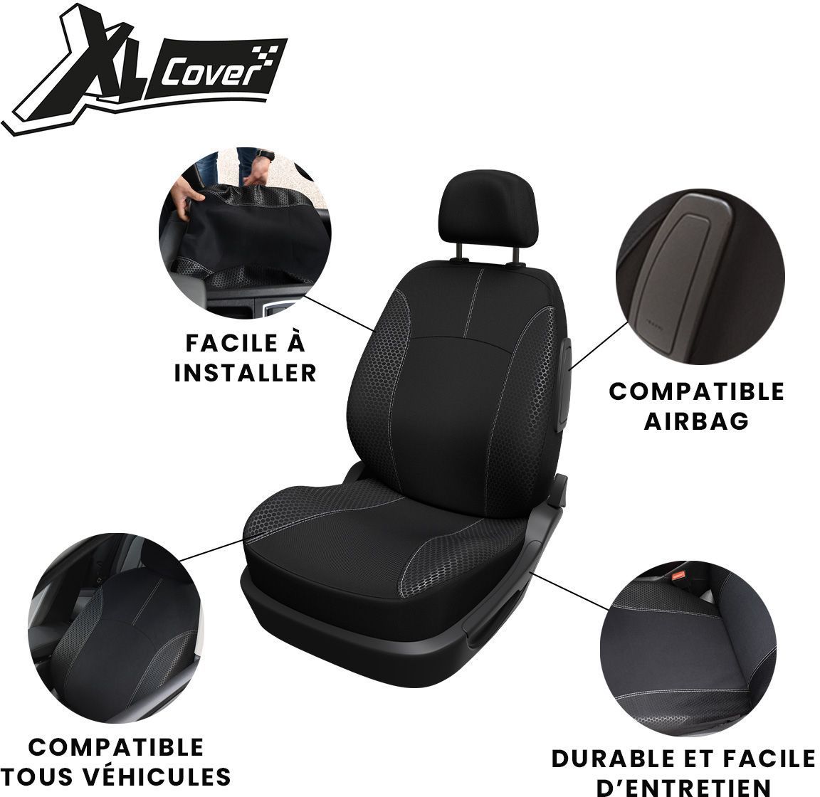 Capa para banco de carro - XLCOVER - Compatível com airbag - Preta - Universal - 3 peças