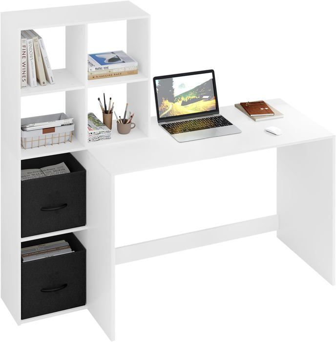 WOLTU Desk with Cube Shelves and Fabric Drawers, Table with Storage, 140.5x50x134 cm, White W0ETT0180