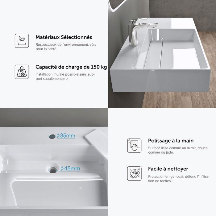 Lavabo mural blanco doporro de 75 cm, lavabo de encimera con desagüe, lavabo rectangular de 75 x 43 x 14 cm Colossum12-L