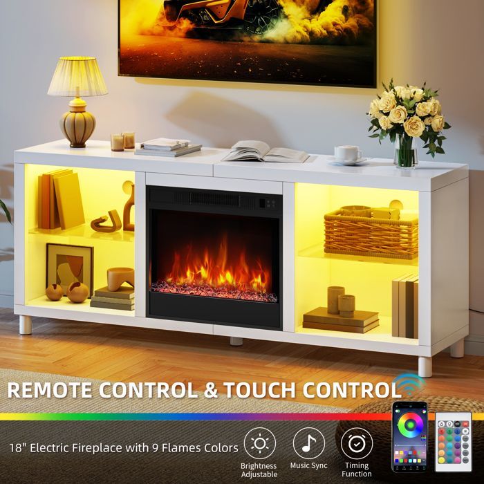 Chimenea eléctrica de 148 cm con calefactor para balcón - Efecto de llama LED 3D - 1800 W - Mando a distancia - Blanca
