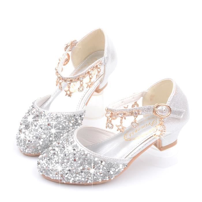 Sandales de Princesse Fille à Talons Hauts Pailletées - INSFITY - Argent - Rose - Talon Bloc 3cm