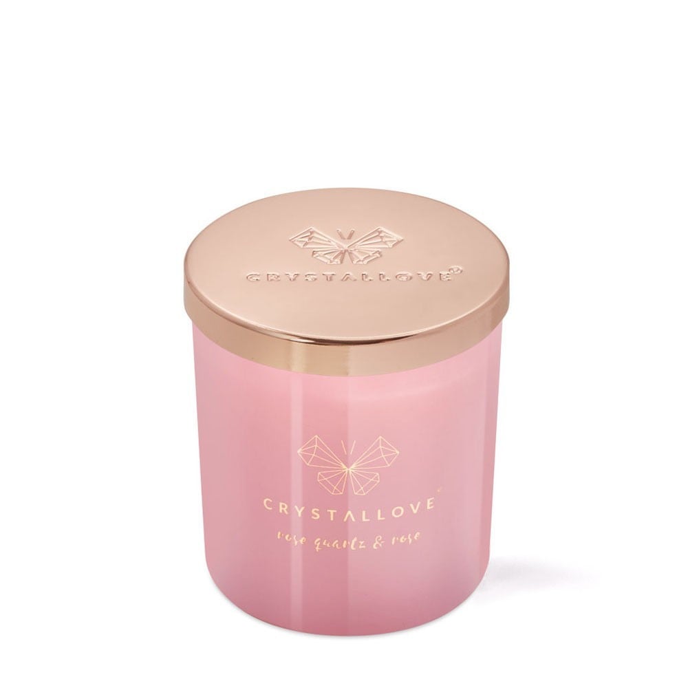 Crystallove-stearinlys, rosenkvarts soyalys og rose - 1 stk.