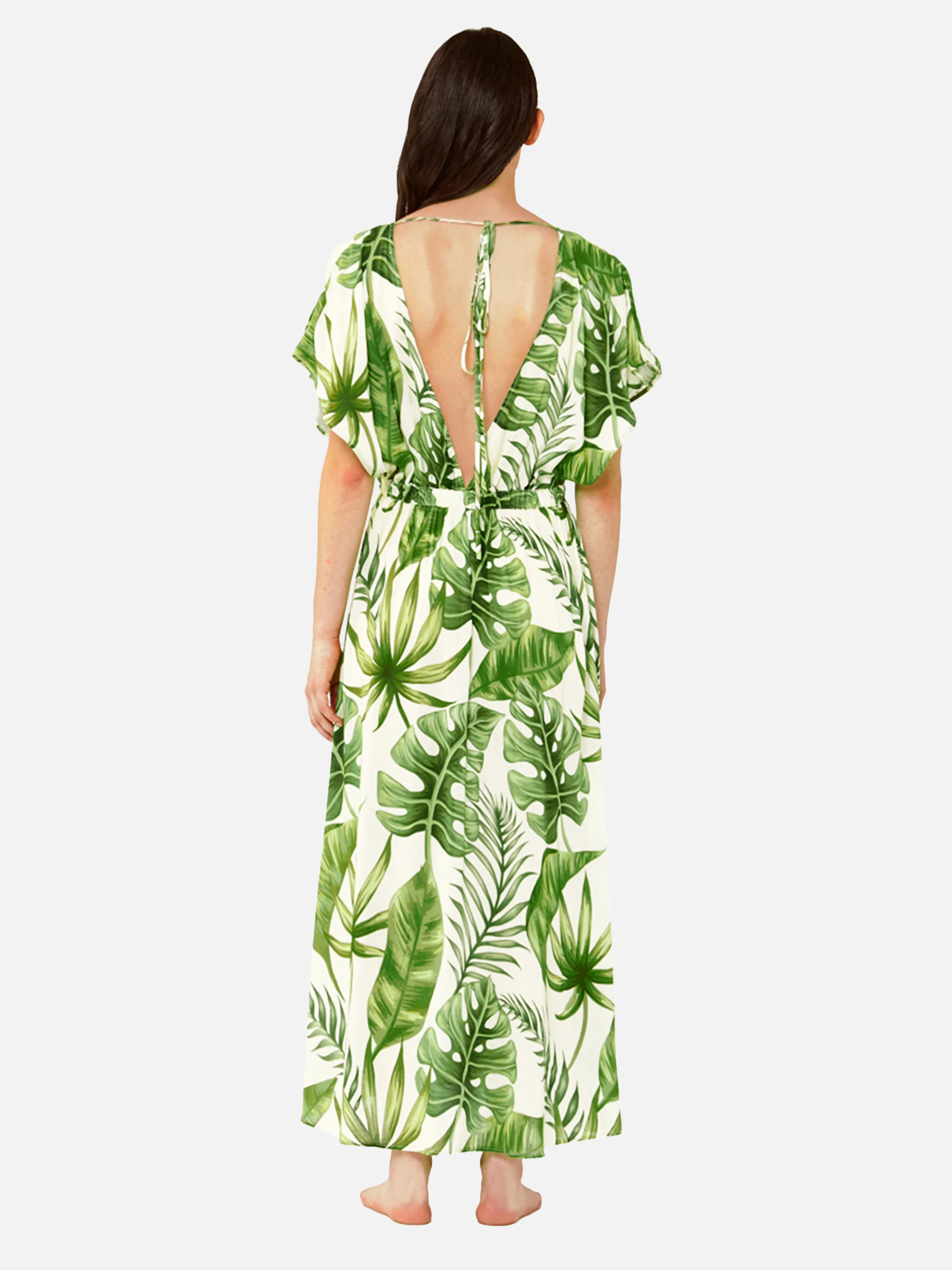 Vestido longo com estampa de folhas tropicais