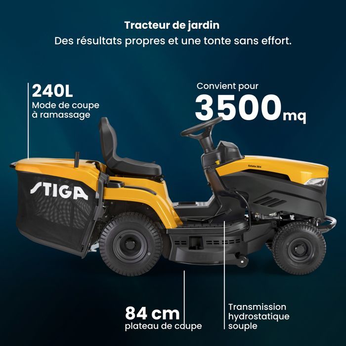 Trattorino da giardino – STIGA – Estate 384 – ST 450 Motore 432cc, Larghezza di taglio 84cm, Cesto di raccolta erba 240l, Trasmissione idrostatica, Fino a 3500m²