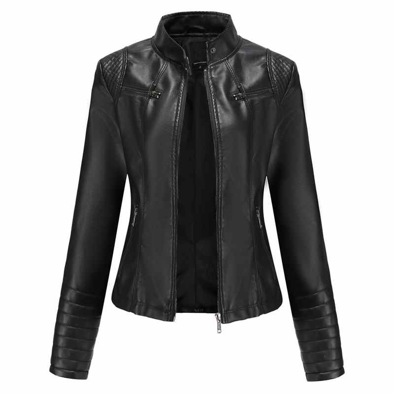 New Spring Autumn Women's Leather Slim Fit Jacket Thin Pu Jacket Ladies Motorcycle Wear Stand up Collar Leather Jacket#g4