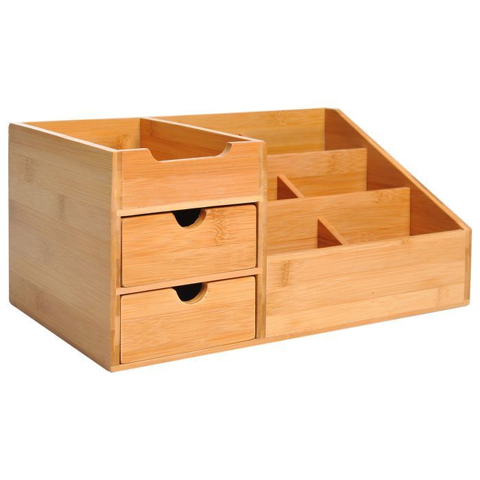 Organizador de escritorio - HOMCOM - Caja de almacenamiento de 7 compartimentos con 2 cajones - Bambú - Natural