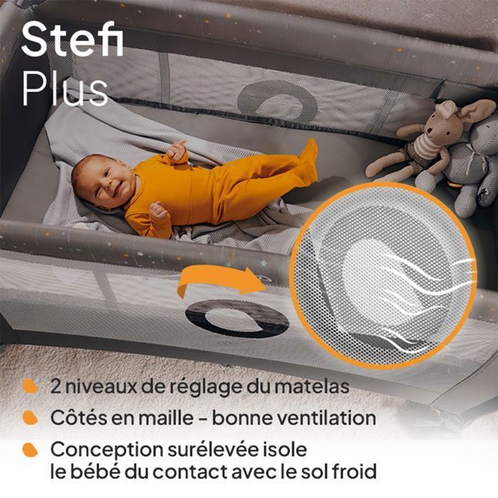 LIONELO Stefi Plus 2-i-1 Kompakt Rejseseng - Babykravlegård - Skummadras T25 - 0-36 måneder - Hurtig sammenklappelig - 2 hjul - Grå