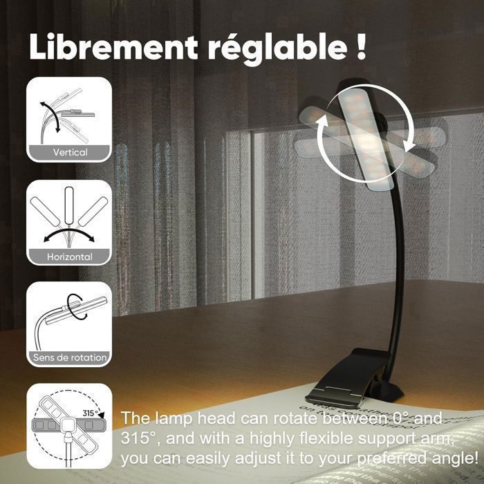 Lámpara de lectura, recargable, con clip, 24 LED, 3 colores y 5 niveles de brillo, cuello flexible de 360°, portátil para leer en la cama, color negro.