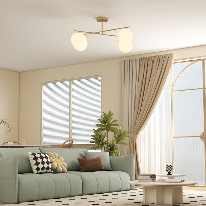 Lámpara de techo - HOMCOM - moderna lámpara de araña de 4 luces con casquillo E14 - montaje semiempotrado - dorado y crema