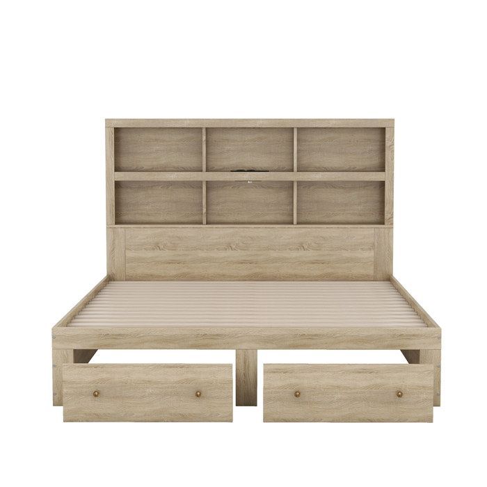 Estructura de cama doble de 160 x 200 cm en madera maciza, cama king size con dos cajones, cabecero con espacio de almacenamiento, acabado natural.