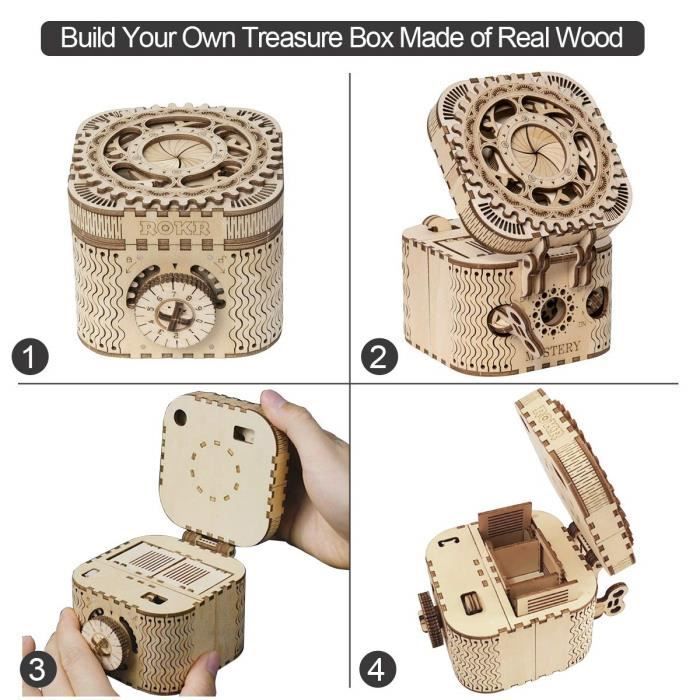 Kit di costruzione puzzle 3D in legno da 123 pezzi, non richiede colla, scrigno del tesoro, kit modello meccanico, set di costruzioni, regalo