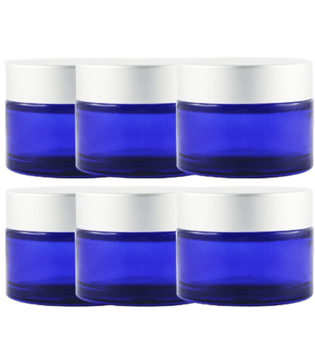 Blauwe glazen potjes van 50 ml met matzilveren deksels (set van 6)