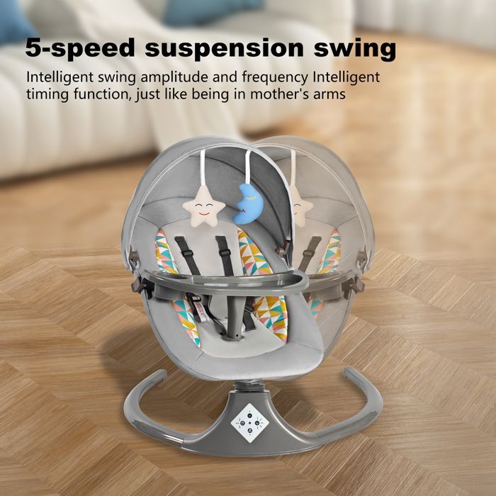 Altalena elettrica per neonati con vassoio per la pappa - Cinque velocità regolabili - 3 impostazioni del timer - Bluetooth/Musica - Cintura di sicurezza - Rosa