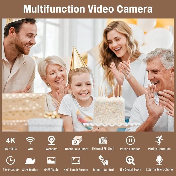 4K Camcorder - WiFi - 64MP - 4-inch Touchscreen - 18X Zoom - 4500mAh Battery