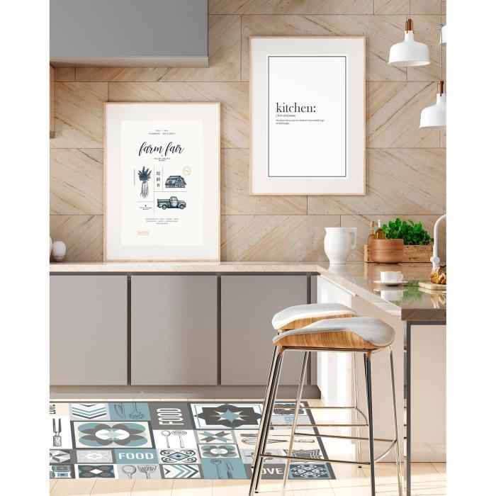Panorama-Vinylteppich für die Küche, Collage-Wörter, blaues Fliesenmuster, 40 x 80 cm - PVC-Teppich für Küche, Büro und Wohnzimmer