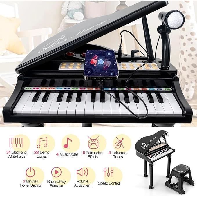 GOPLUS Piano electrónico de 31 teclas para niños, teclado electrónico con taburete, micrófono y 3 modos, negro.