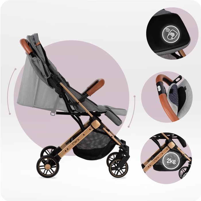 MoMi ESTELLE – Ultra Compact Baby Stroller – Lightweight 7.7 kg – One-Hand Fold – Suitcase Handlebar – Gold Grey