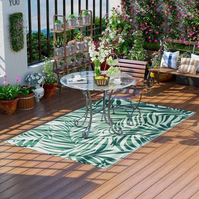 Tapis d'extérieur - Outsunny - réversible motif feuilles tropical haute densité 310 g/m² - PP - 152x243cm - vert