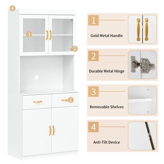 Buffet Cuisine - Armoire Meuble, - 2 Étagères Réglables - 2 Tiroirs - 80L x 40W x 180Hcm - Blanc