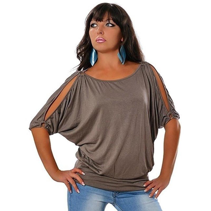 T-shirt sexy à manches courtes, col rond et épaules tombantes, couleur unie, style estival, grande taille femme