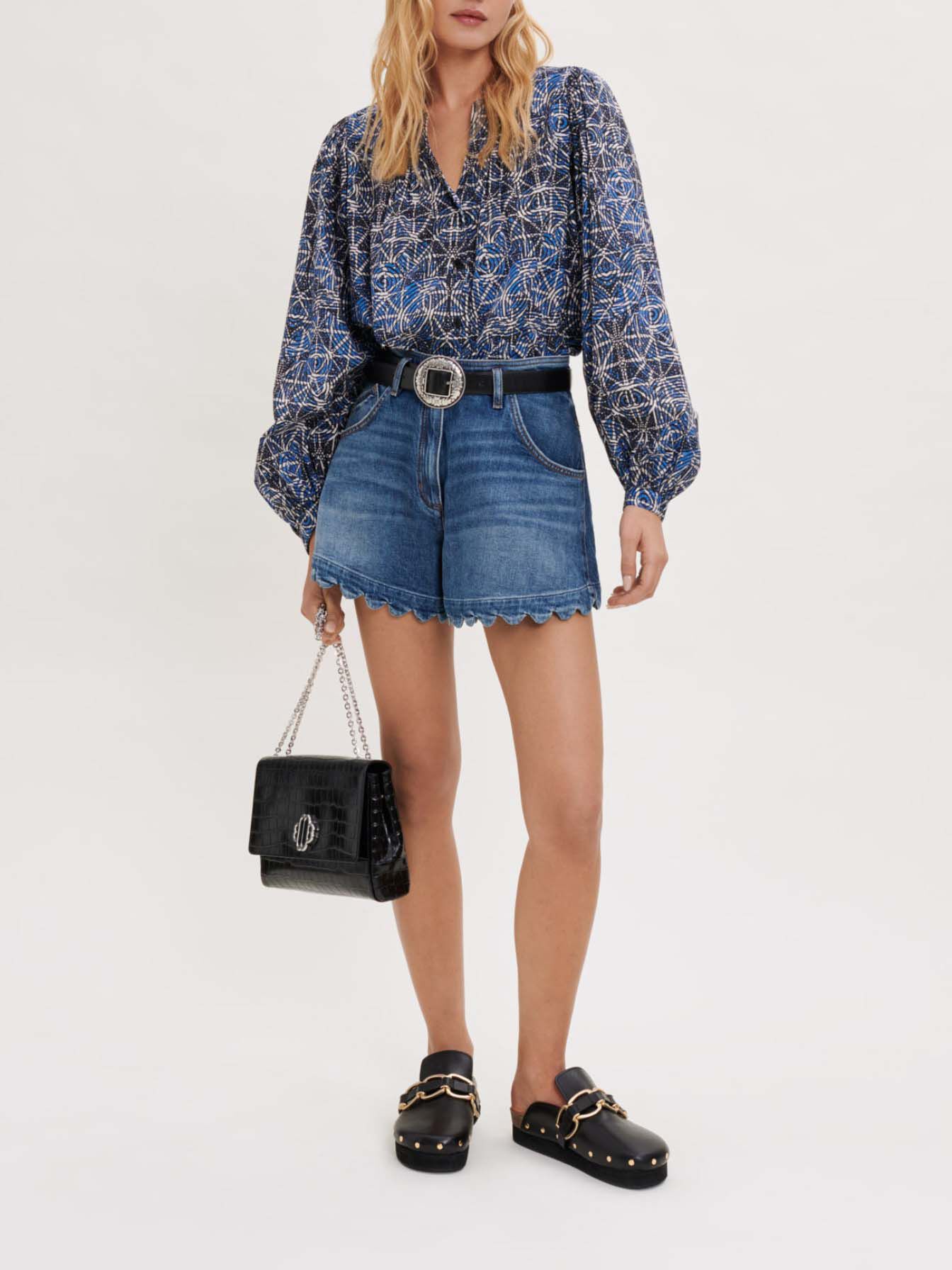 Bedrukte katoenen chiffon blouse - Indigo