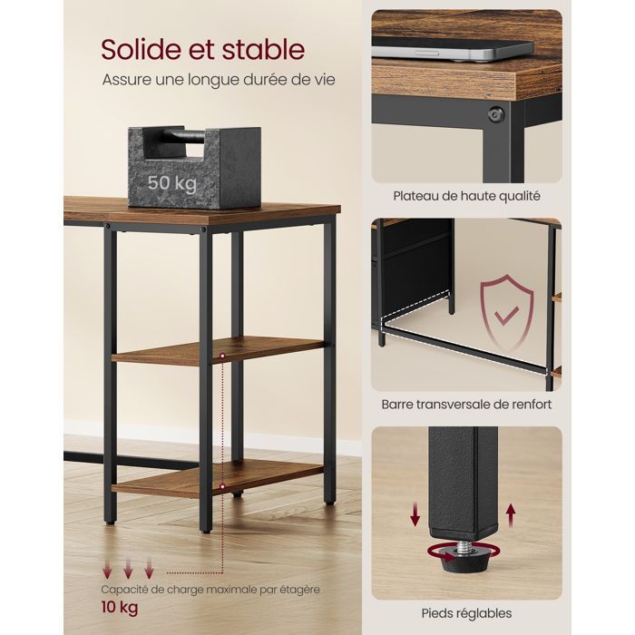 Scrivania per computer con vani portaoggetti, 3 ripiani, 2 cassetti, 160 x 60 x 76 cm, per ufficio e soggiorno, marrone rustico e nero opaco.