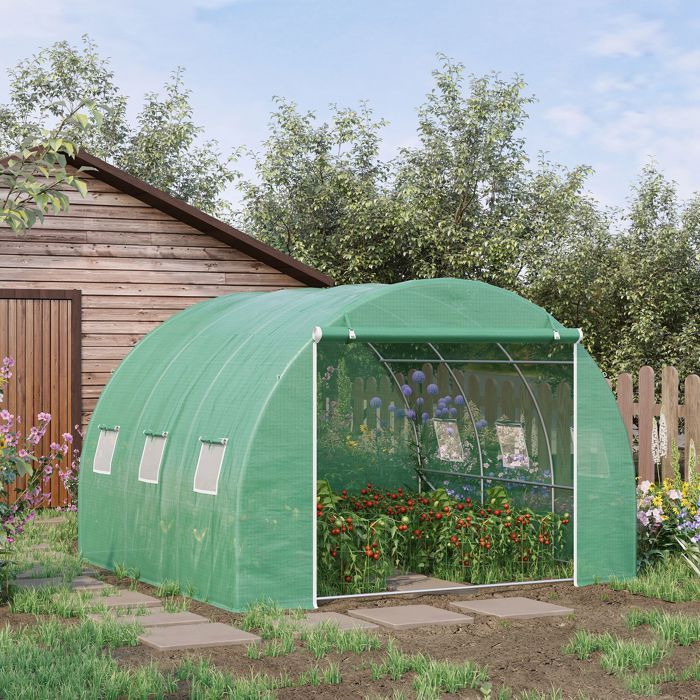Invernadero tipo túnel Outsunny de 9 m² - con puerta enrollable y 6 ventanas de malla - fabricado en acero y PE - 3 x 3 x 2 m - verde
