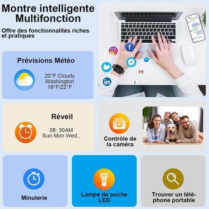 Montre Connectée Femme pour Samsung iPhone Android, 1.85