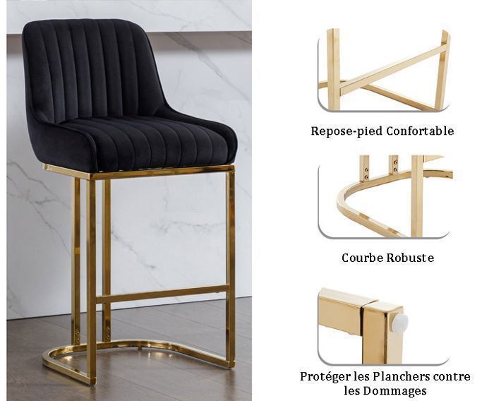 Wahson Chaise de Bar en Velours Chaise Bar Pied Doré Tabouret Bar Lot de 2, Tabouret de Bar avec Coussin Épais, Noir