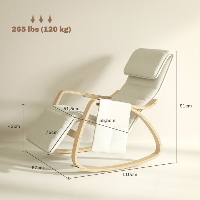 Sillón reclinable mecedor/silla de lactancia con reposapiés ajustable, bolsillo lateral y reposacabezas, color blanco crema.