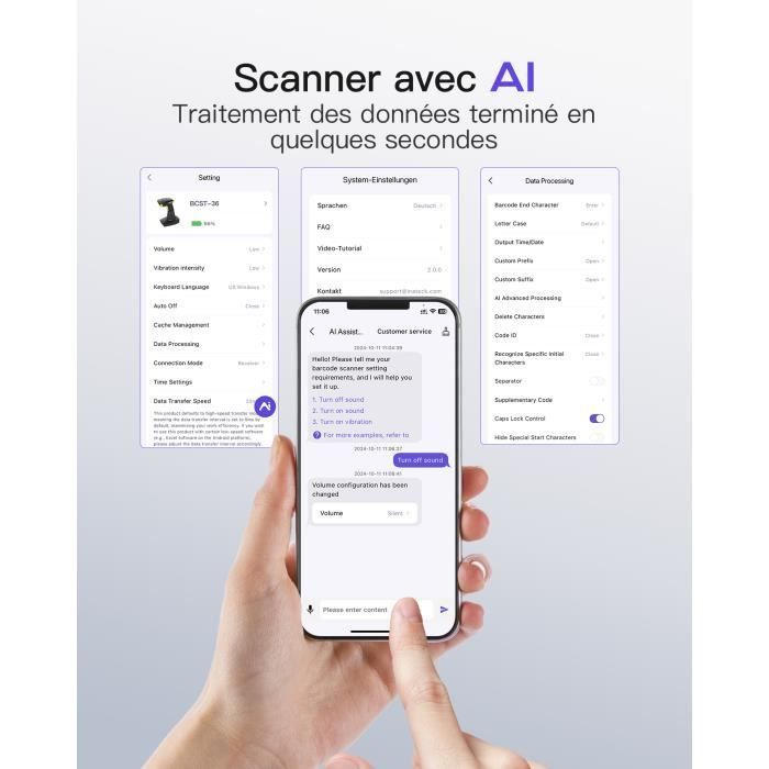 Inateck 2D Bluetooth-Barcodescanner, kabelloser QR-Code-Scanner mit intelligenter Ladestation, unterstützt KI, App und SDK