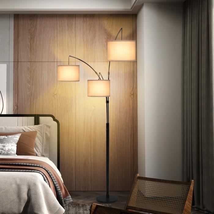 Lampadaire sur pied salon 2m avec 3 abat-jours, variateur, E27 base, lampadaire à intensité variable, noir